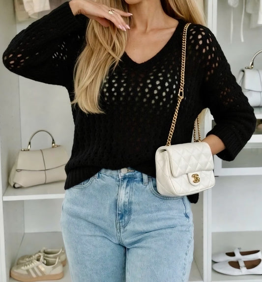 Stickad tröja V-ringad Svart