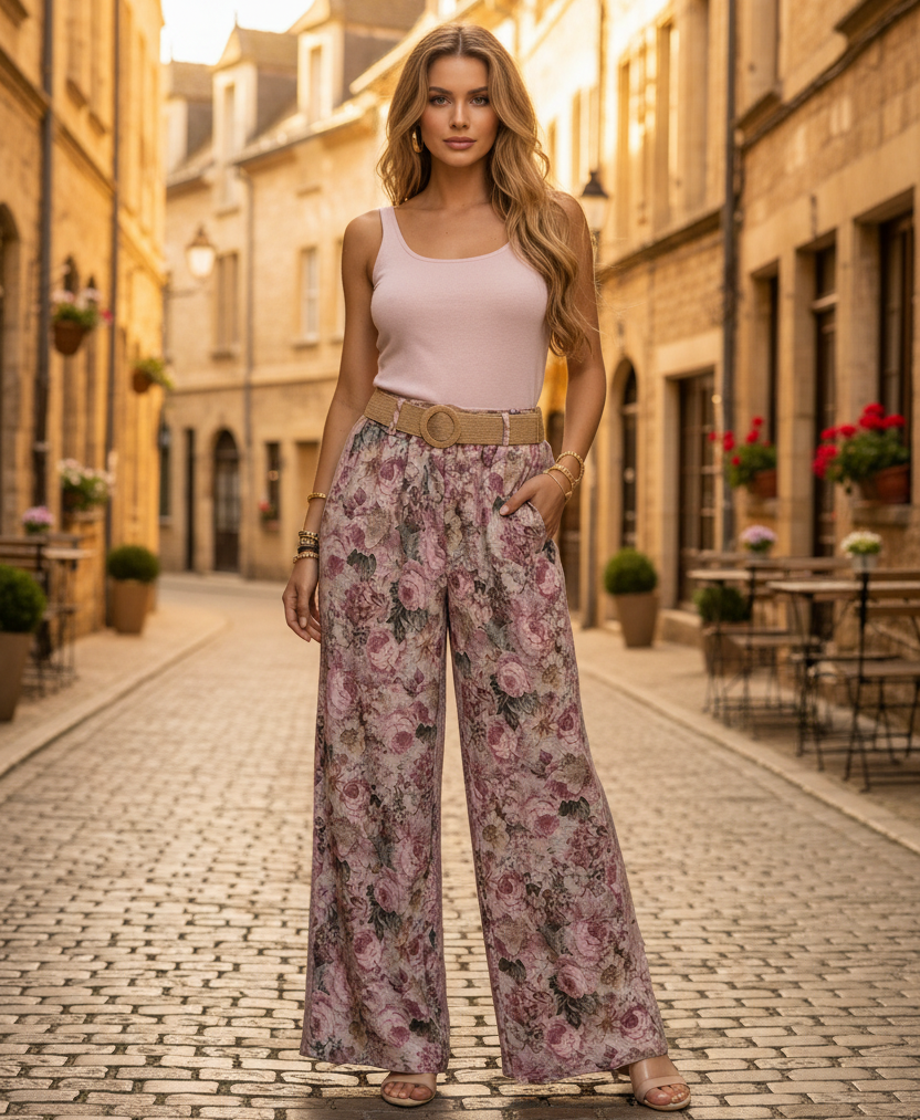 Blommiga palazzobyxor Med Skärp Rosa