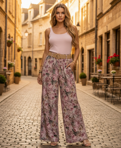 Blommiga palazzobyxor Med Skärp Rosa