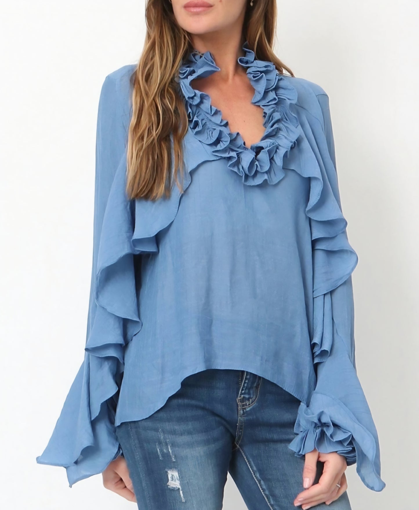 Blus med volanger Blå