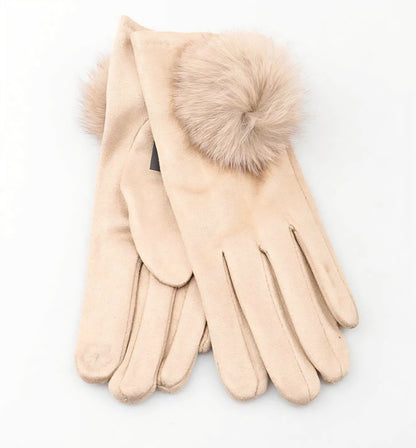 Handske med fuskpäls pompom Beige