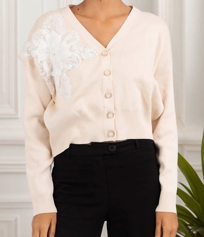 Kofta med strass pärlbroderad blomma Beige