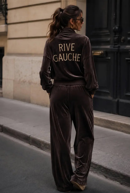 Brun set i sammet Rive Gauche – Jacka med dragkedja och byxor med vida ben (kopia 2)