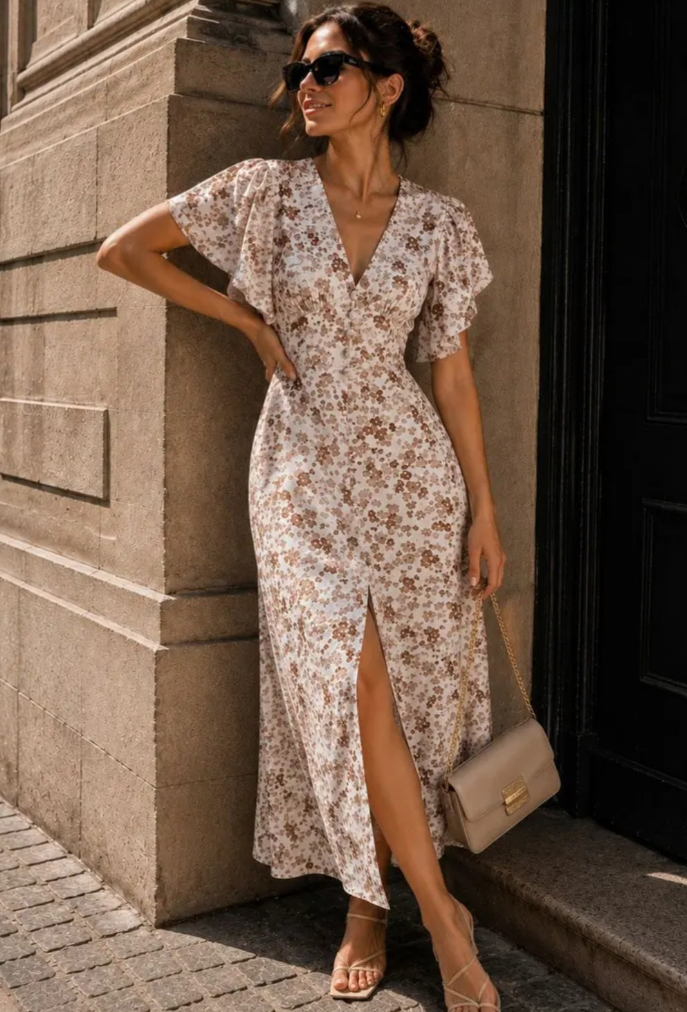 BLOMMIG LÅNG KLÄNNING Beige