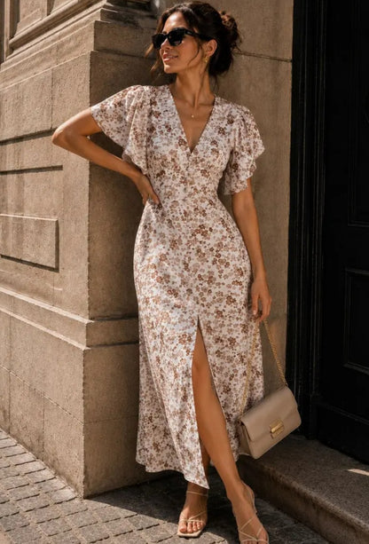 BLOMMIG LÅNG KLÄNNING Beige