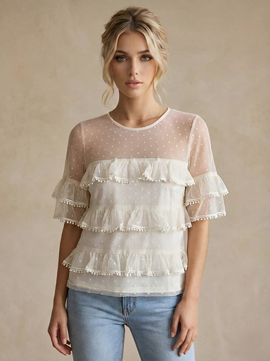 Volangprydd Plumetis Tyll med Pompom-kanter offwhite