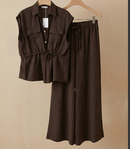 Set med ränder, blus+byxor Brun