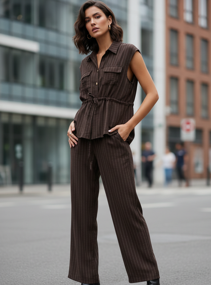 Set med ränder, blus+byxor Brun