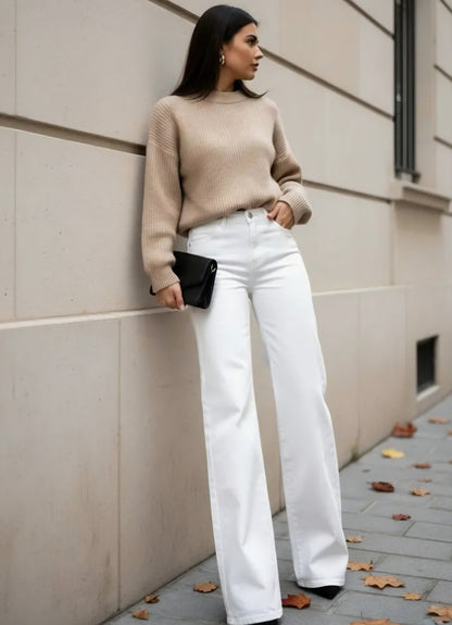 EXTRA LÅNGA Jeans med vida ben och medelhög midja Vit