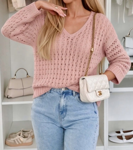 Stickad tröja V-ringad Rosa
