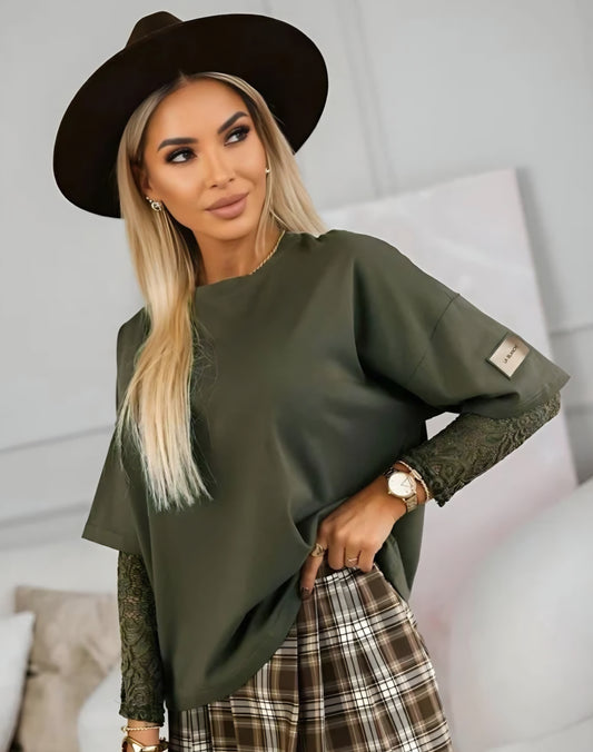 Topp med spetsärm Khaki