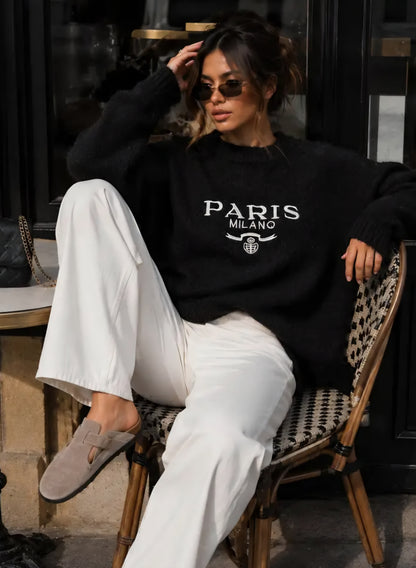 Mjuk stickad tröja med broderi, Paris Milano Svart