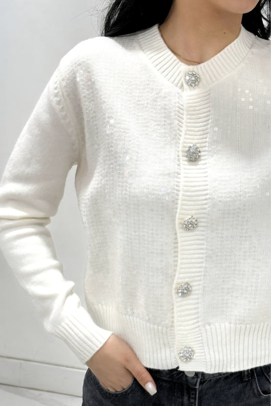 Stickad kofta med paljetter Vit