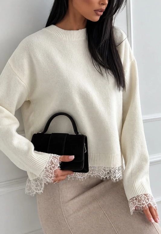 Elegant korströja med spetsrygg Offwhite
