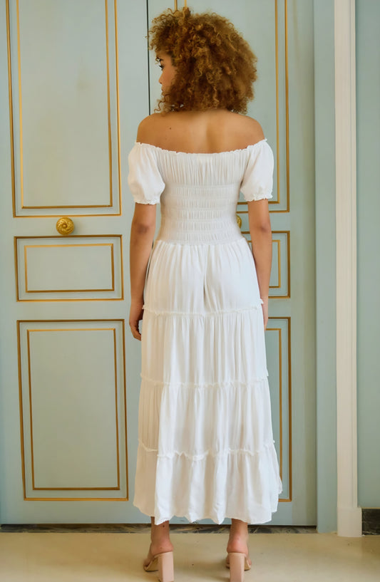 Maxiklänning med puffärmar, Smock Vit