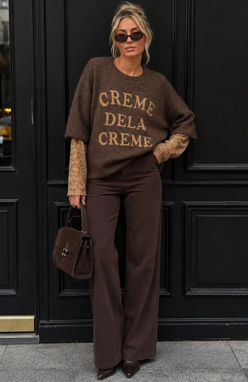 Tröja med bouclé-effekt i Cream, Spetsarm Mörkbrun