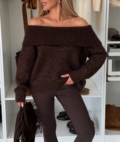 Tröja glittrig Bardot-krage Brun