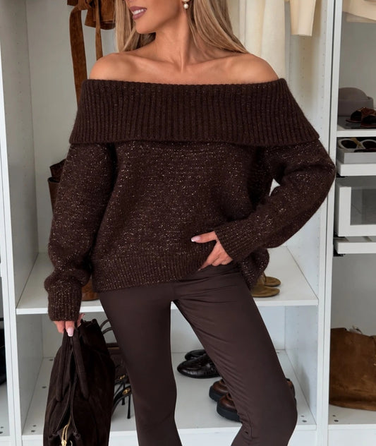 Tröja glittrig Bardot-krage Brun