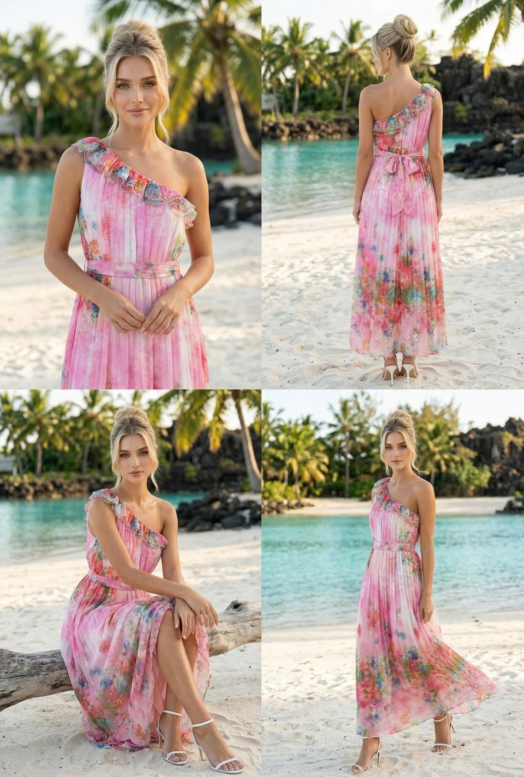 Blommig Ombre One-Shoulder Plisserad Maxiklänning