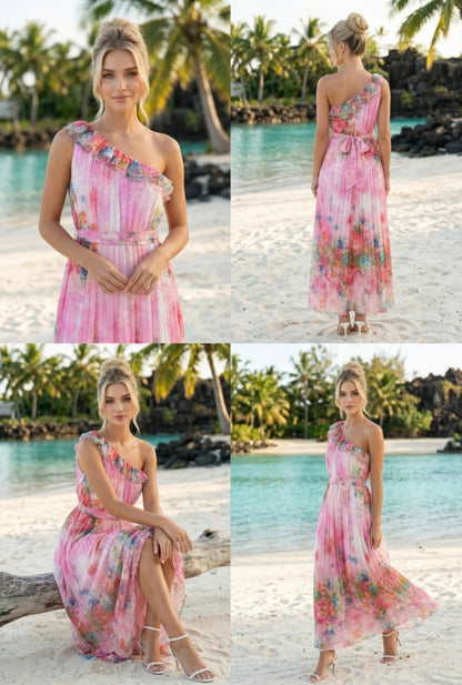 Blommig Ombre One-Shoulder Plisserad Maxiklänning