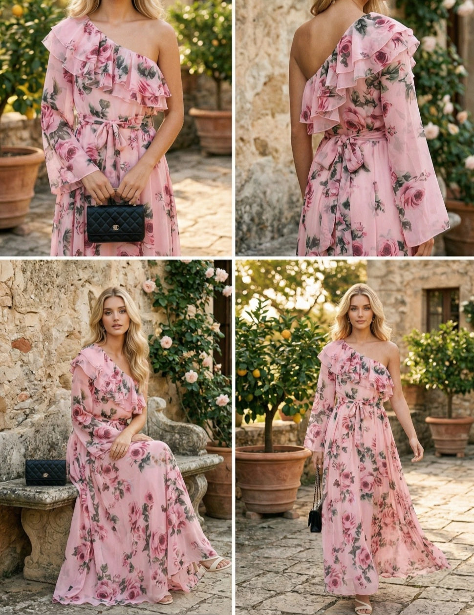 Rosa asymmetrisk lång chiffongklänning