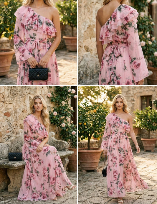 Rosa asymmetrisk lång chiffongklänning