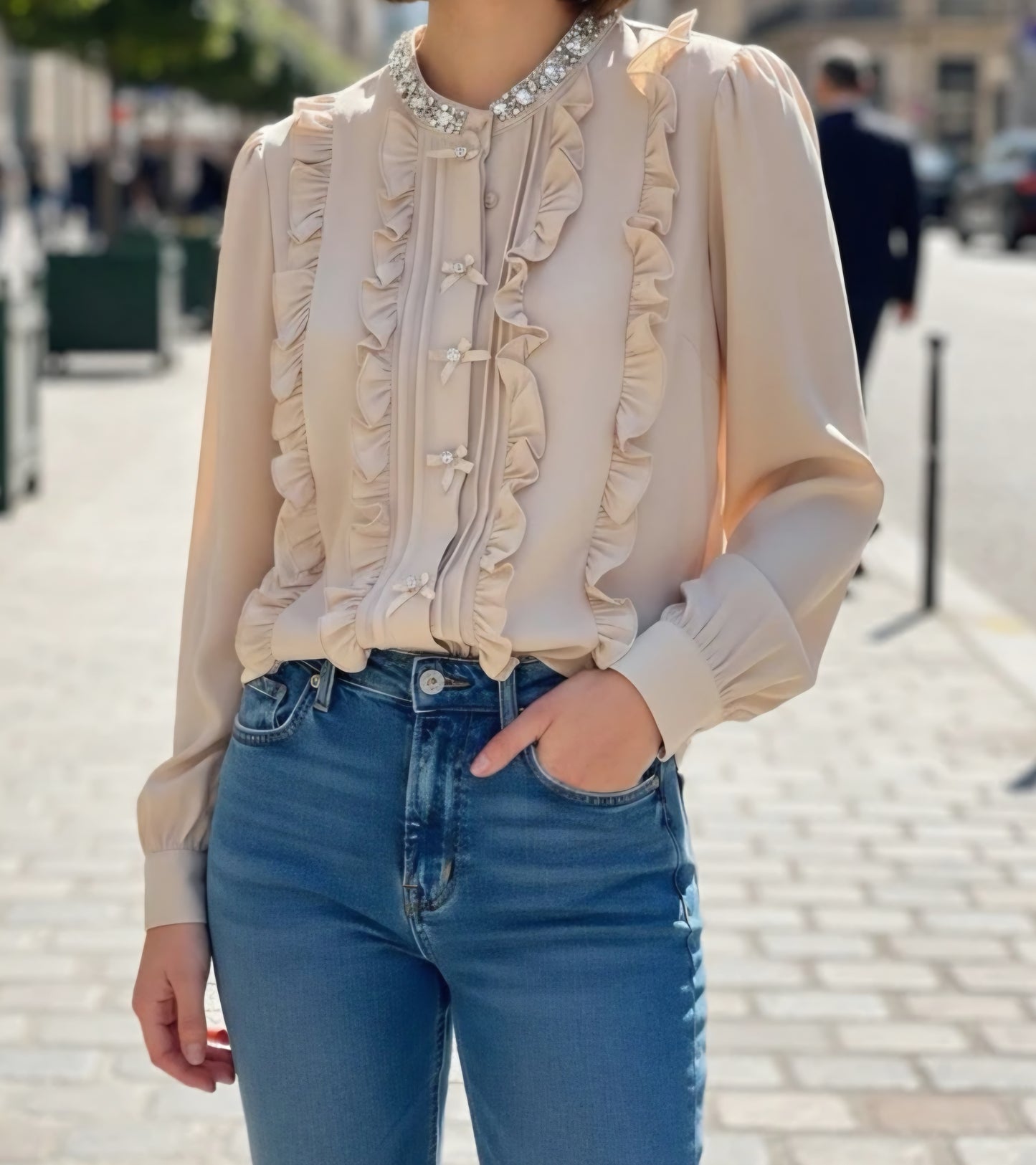 Skjorta Stella med volang/strass Beige