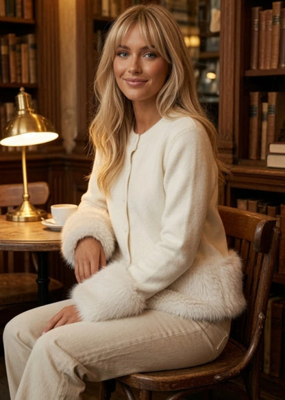 Rosie Cardigan, knäppning, med mjuk fuskpäls Offwhite