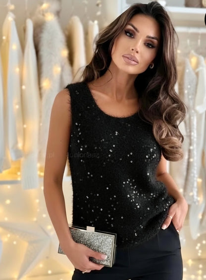 Fluffig, paljettmönstrad, ärmlös topp  Svart