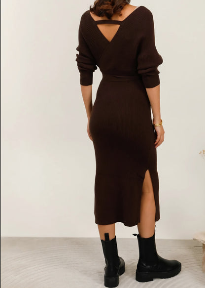 Omlottklänning med skärp Brun