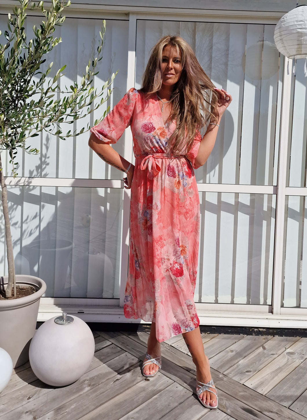 Lång klänning med blomtryck Rosa
