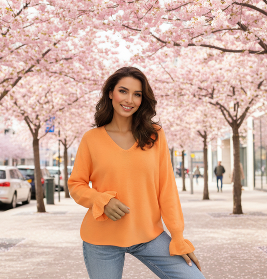 V-ringad tröja med volanger Orange