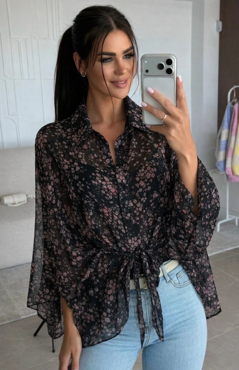 Mönstrad poncho-skjorta med foder Svart