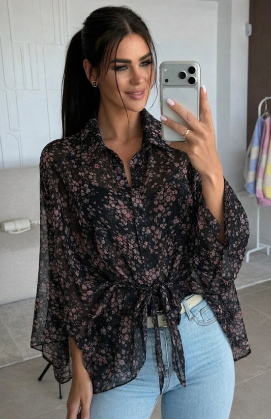 Mönstrad poncho-skjorta med foder Svart