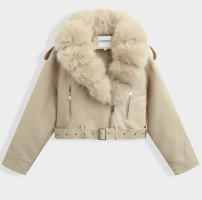 Kort bomberjacka i konstläder Beige