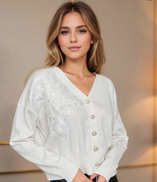 Kofta med strass pärlbroderad blomma Vit