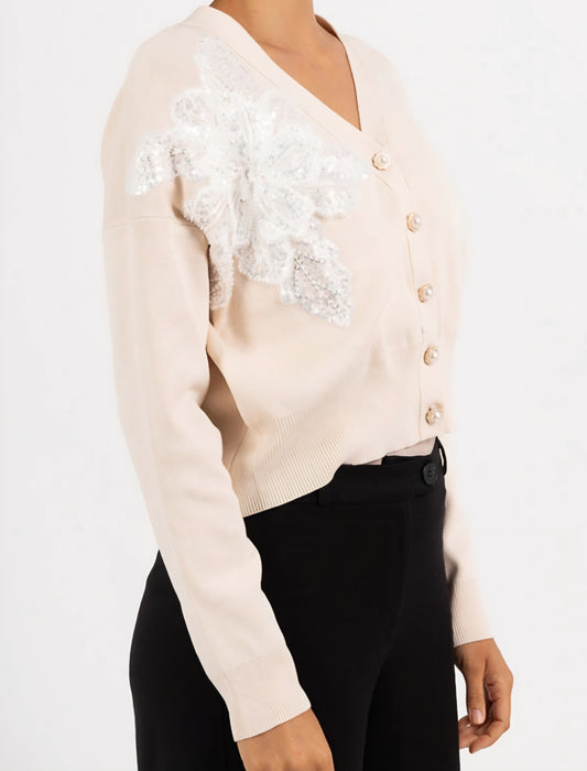 Kofta med strass pärlbroderad blomma Beige