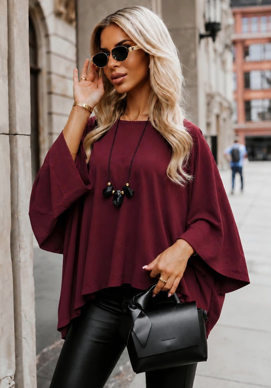 Böljande oversized topp med halsband Vinröd