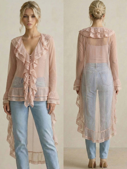 Blus – Prickig Tyll, Spetsvolanger Rosa