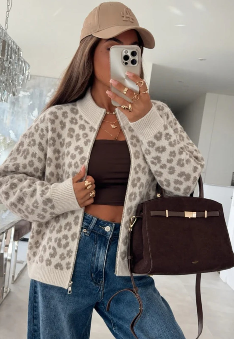 Leopardfärgad ullkofta med dragkedja Beige
