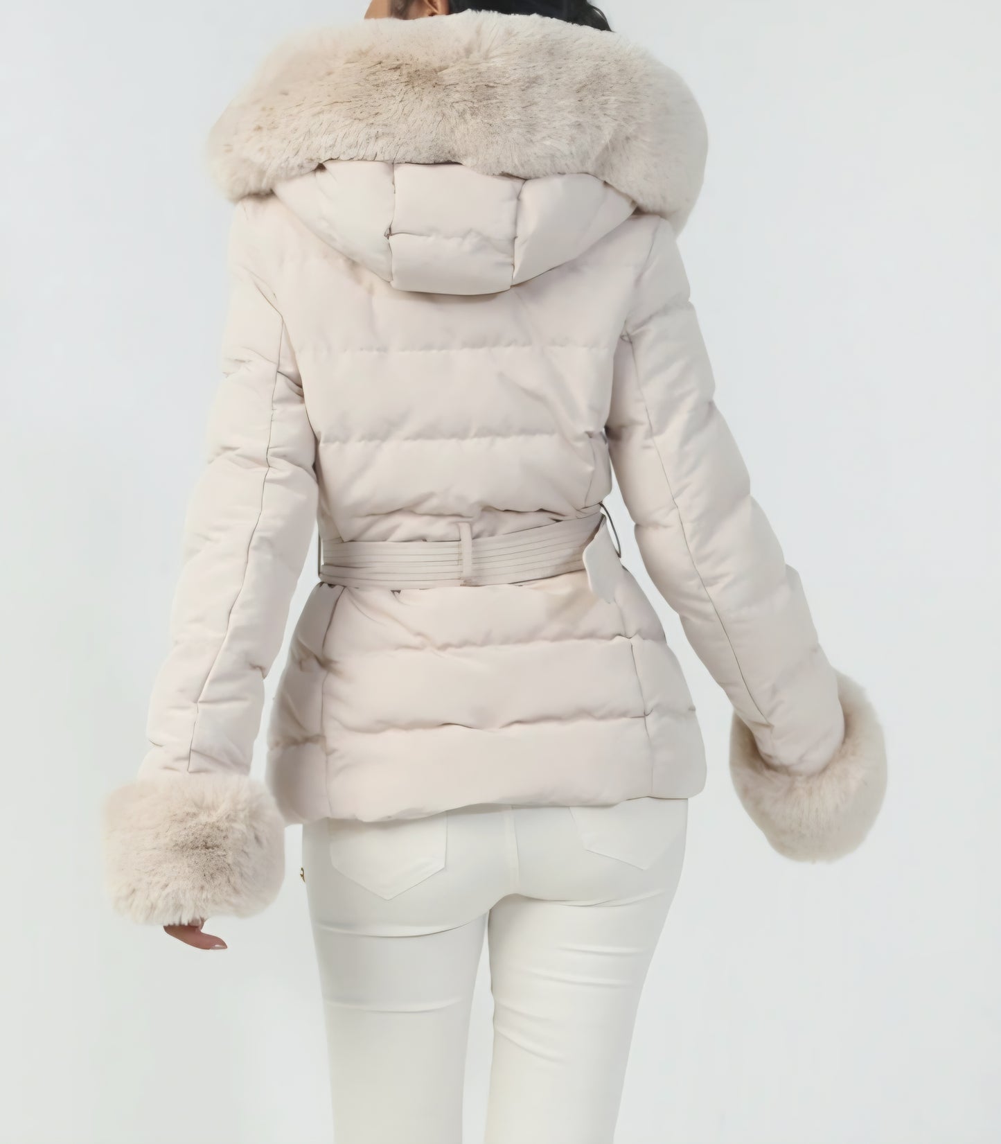 Quiltad jacka med huva & bälte Beige