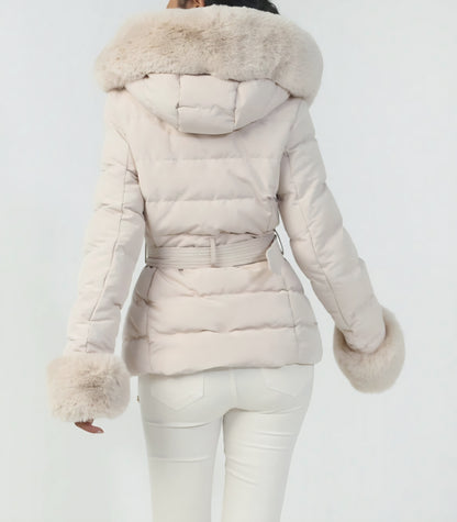 Quiltad jacka med huva & bälte Beige