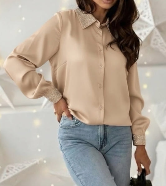 Satinskjorta med krage strass, Beige