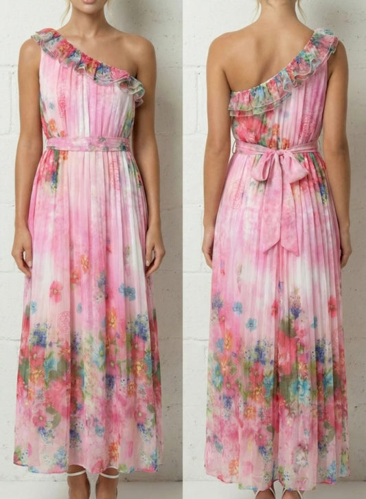 Blommig Ombre One-Shoulder Plisserad Maxiklänning