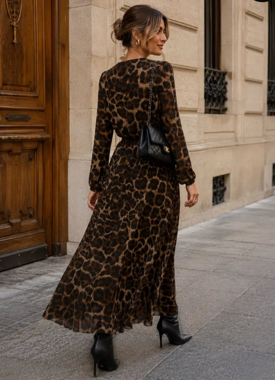 Draperad leopardfärgad maxiklänning
