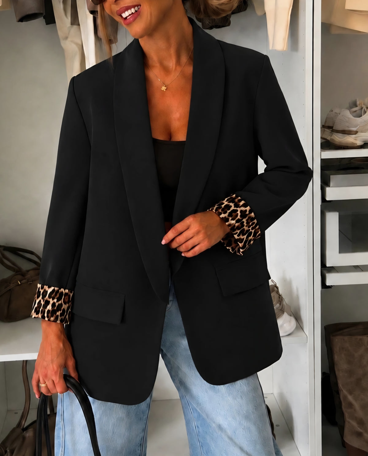 Blazer med leoparddetalj Svart