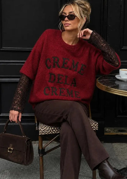 Tröja med bouclé-effekt i Cream, Spetsarm Röd