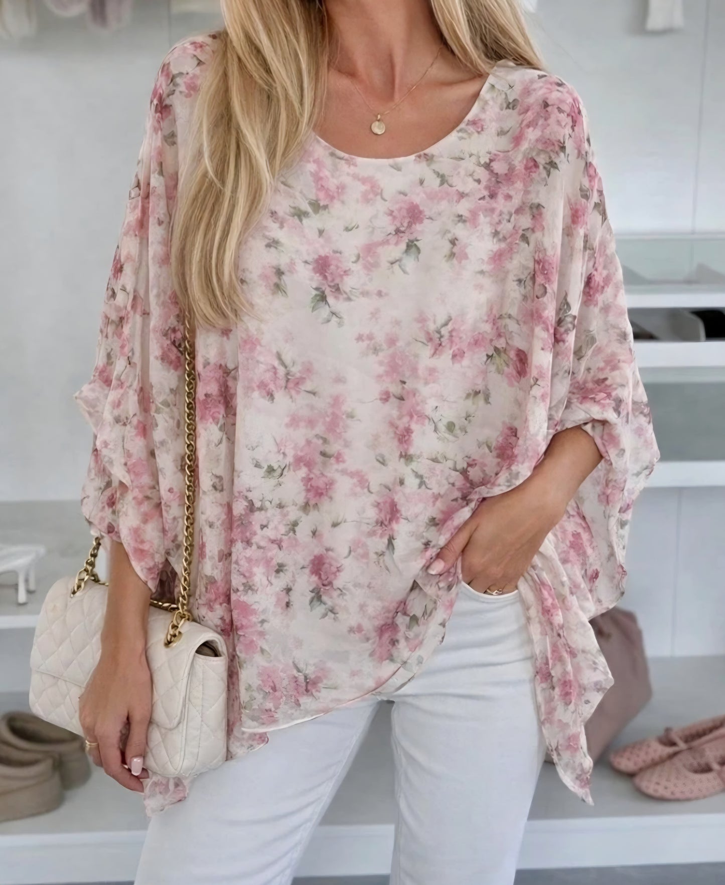 Blommig blus med viskosfoder Rosa