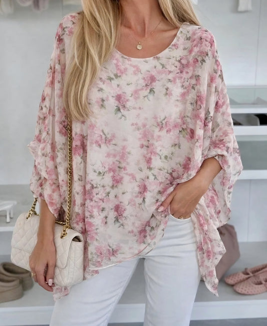 Blommig blus med viskosfoder Rosa