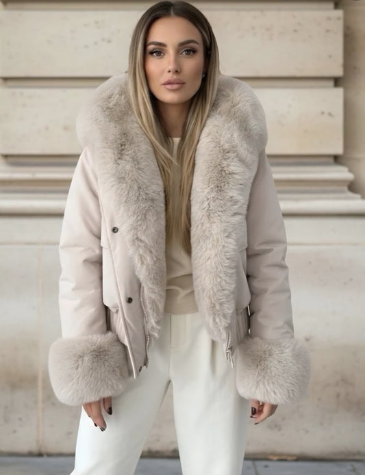 Kort jacka Tilda med huva och fuskpälsdetaljer Beige